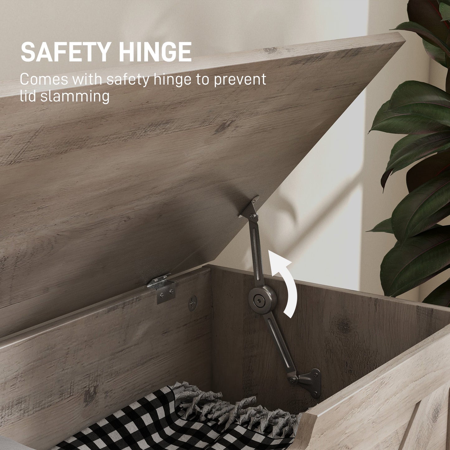 100L Home Storage Box, with Safety Hinges - Grey Wood-Effect-4