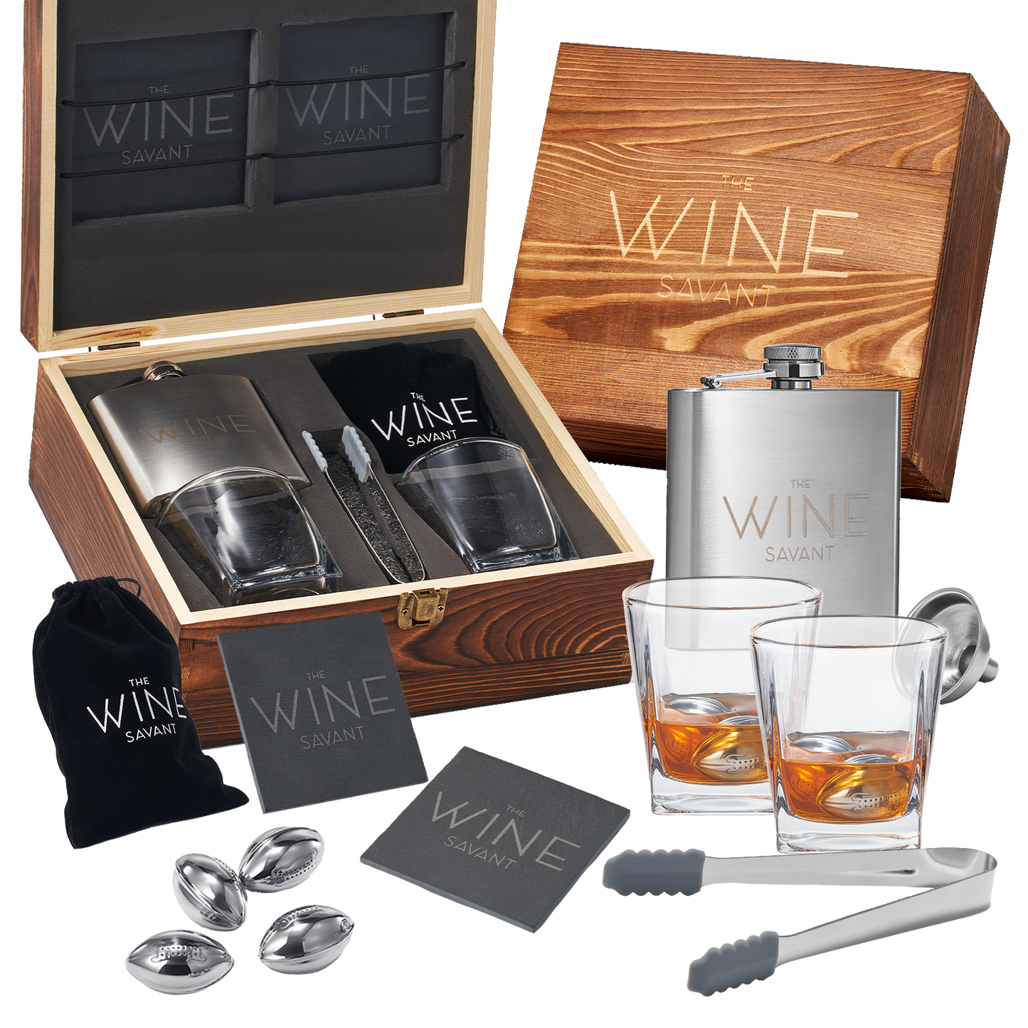 Whiskey Glasses And Football Chilling Stones Gift Set, 2 Whiskey Glasses, 8 Stainless Steel Whiskey Footballs, Coasters, Special Tongs & Freezer Pouch-0