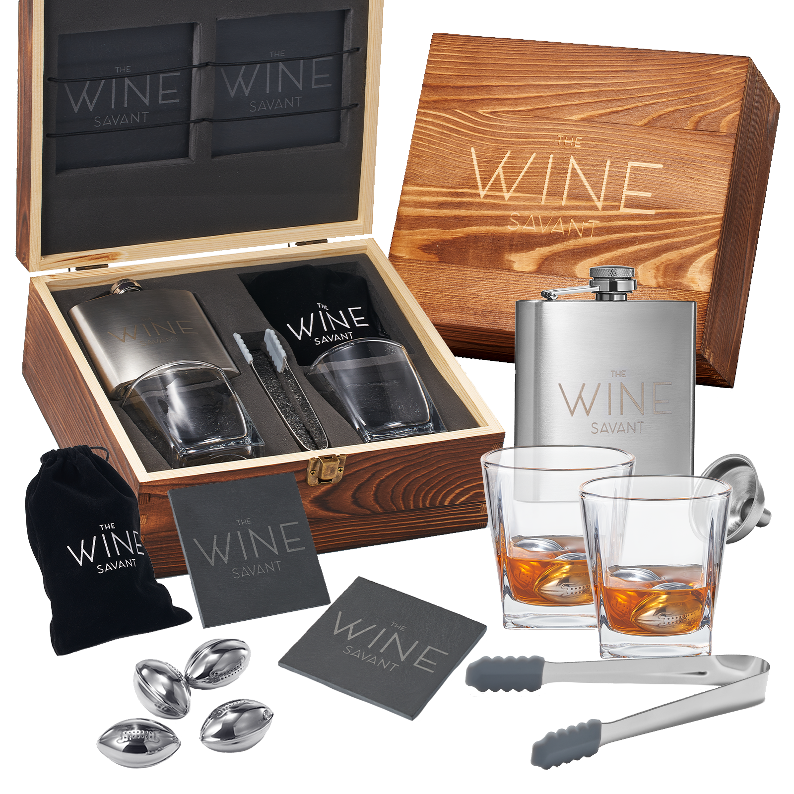 Whiskey Glasses And Football Chilling Stones Gift Set, 2 Whiskey Glasses, 8 Stainless Steel Whiskey Footballs, Coasters, Special Tongs & Freezer Pouch-0