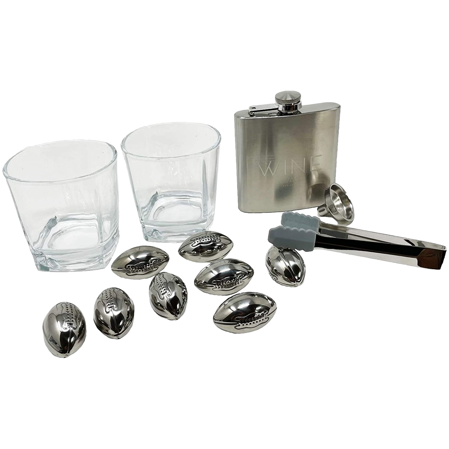 Whiskey Glasses And Football Chilling Stones Gift Set, 2 Whiskey Glasses, 8 Stainless Steel Whiskey Footballs, Coasters, Special Tongs & Freezer Pouch-1