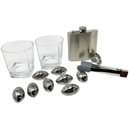 Whiskey Glasses And Football Chilling Stones Gift Set, 2 Whiskey Glasses, 8 Stainless Steel Whiskey Footballs, Coasters, Special Tongs & Freezer Pouch-1