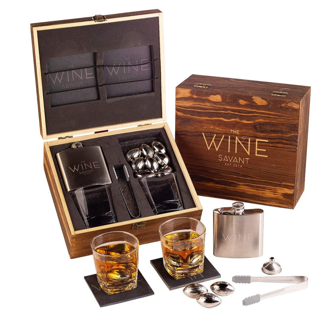 Whiskey Glasses And Football Chilling Stones Gift Set, 2 Whiskey Glasses, 8 Stainless Steel Whiskey Footballs, Coasters, Special Tongs & Freezer Pouch-2