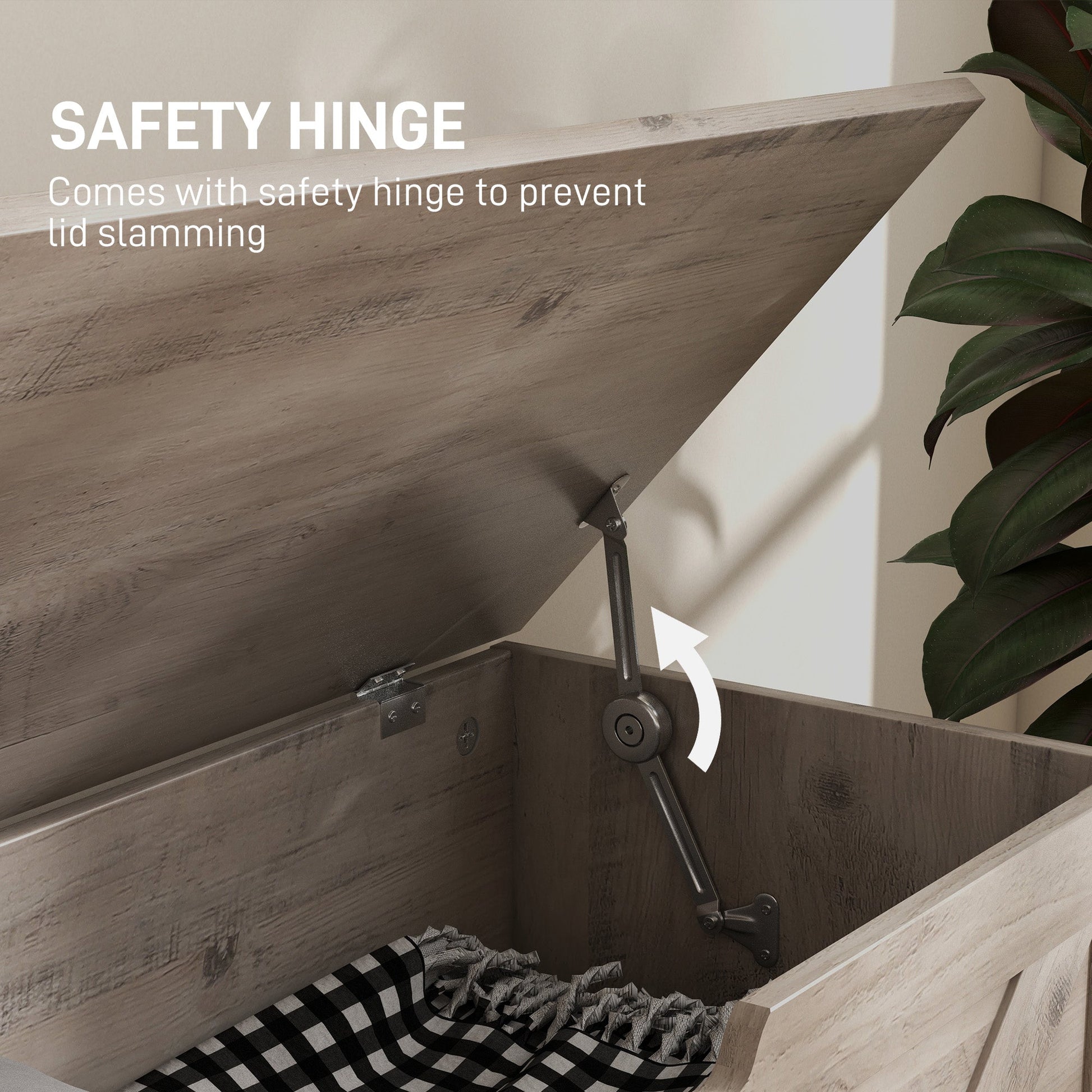 100L Home Storage Box, with Safety Hinges - Grey Wood-Effect-4