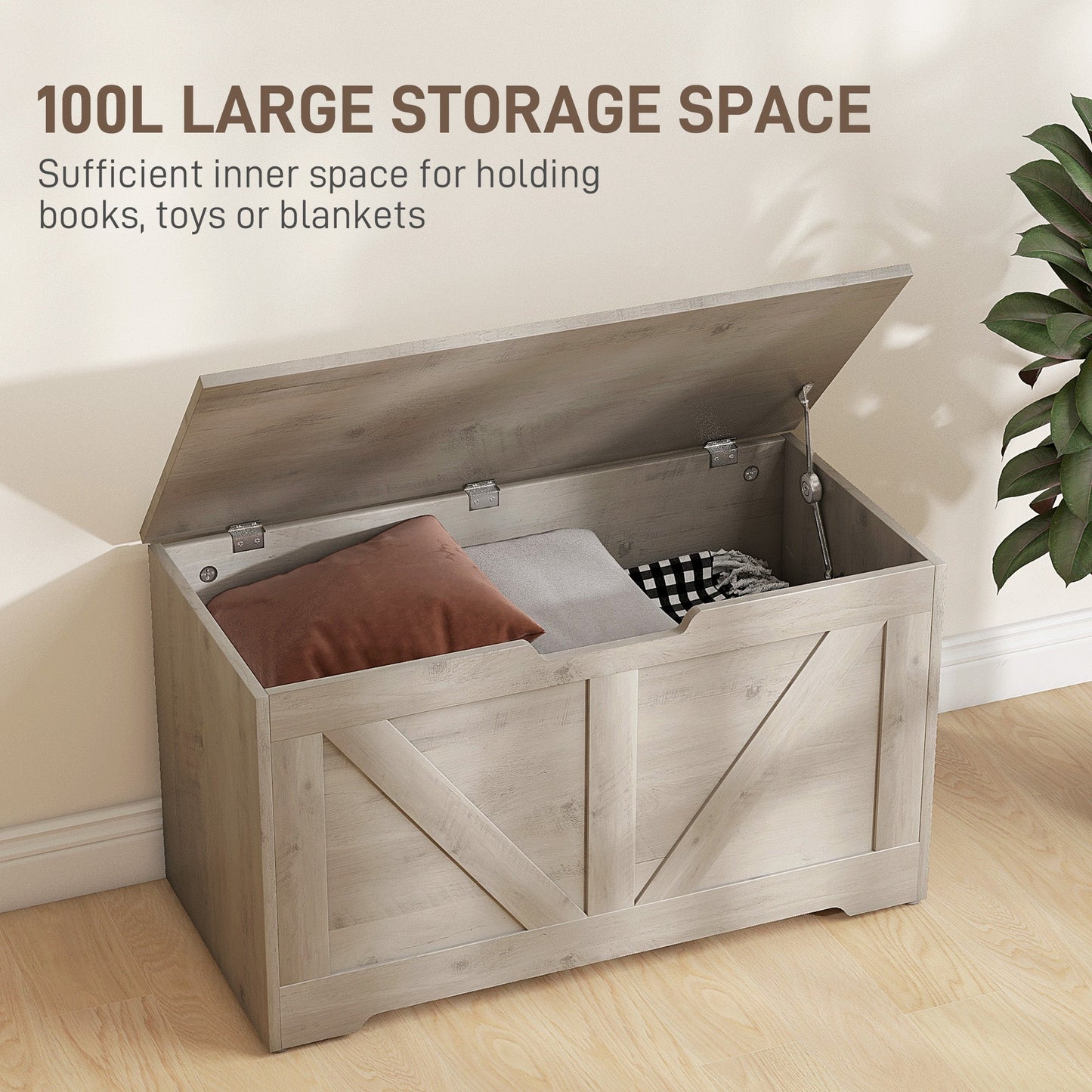 100L Home Storage Box, with Safety Hinges - Grey Wood-Effect-3