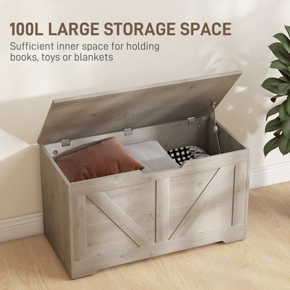 100L Home Storage Box, with Safety Hinges - Grey Wood-Effect-3