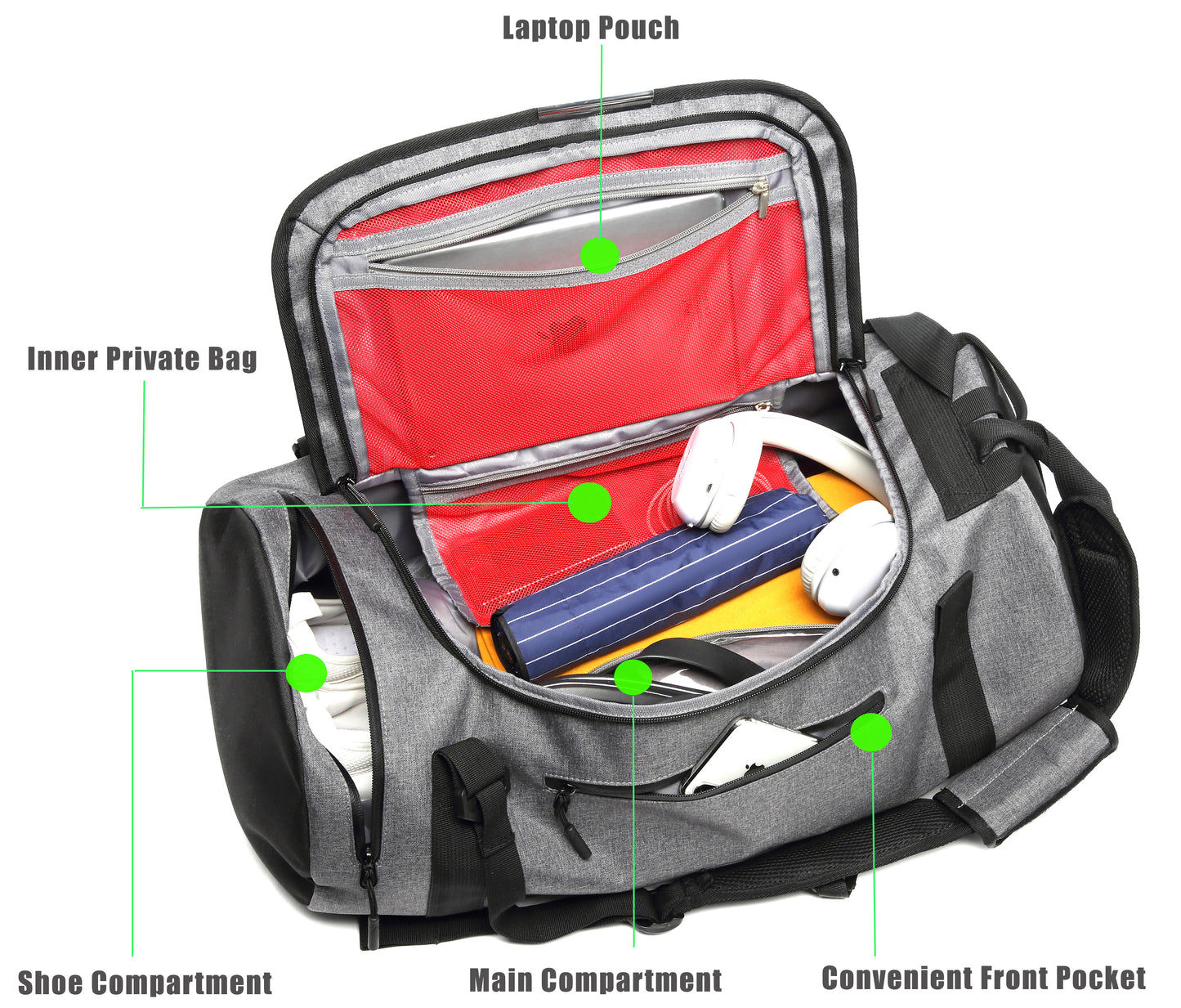 Front Pocket Shoe Compartment Laptop Pouch Inner Private Main Compartment Bag